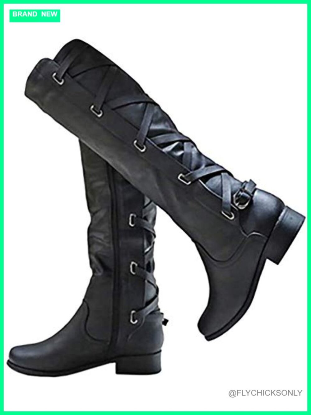 Faux Leather Knee High Lace Up Boots Low Heel Combat Moto Womens